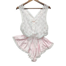 Vtg Tosca Lingerie Romper Womens L Blush Pink White Ruffled Lace Coquette Teddy