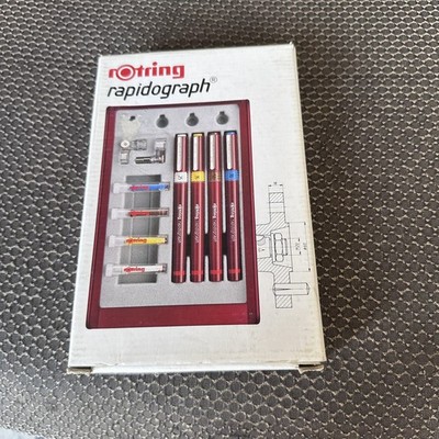 Vintage Rotring Rapidograph 4 Pen Technical Drawing Set 155743 w/ Case Germany