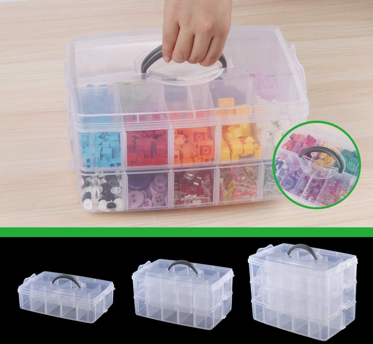 Craft Storage Box with Compartments, 3-Tier 30 Sections Transparent Stackable