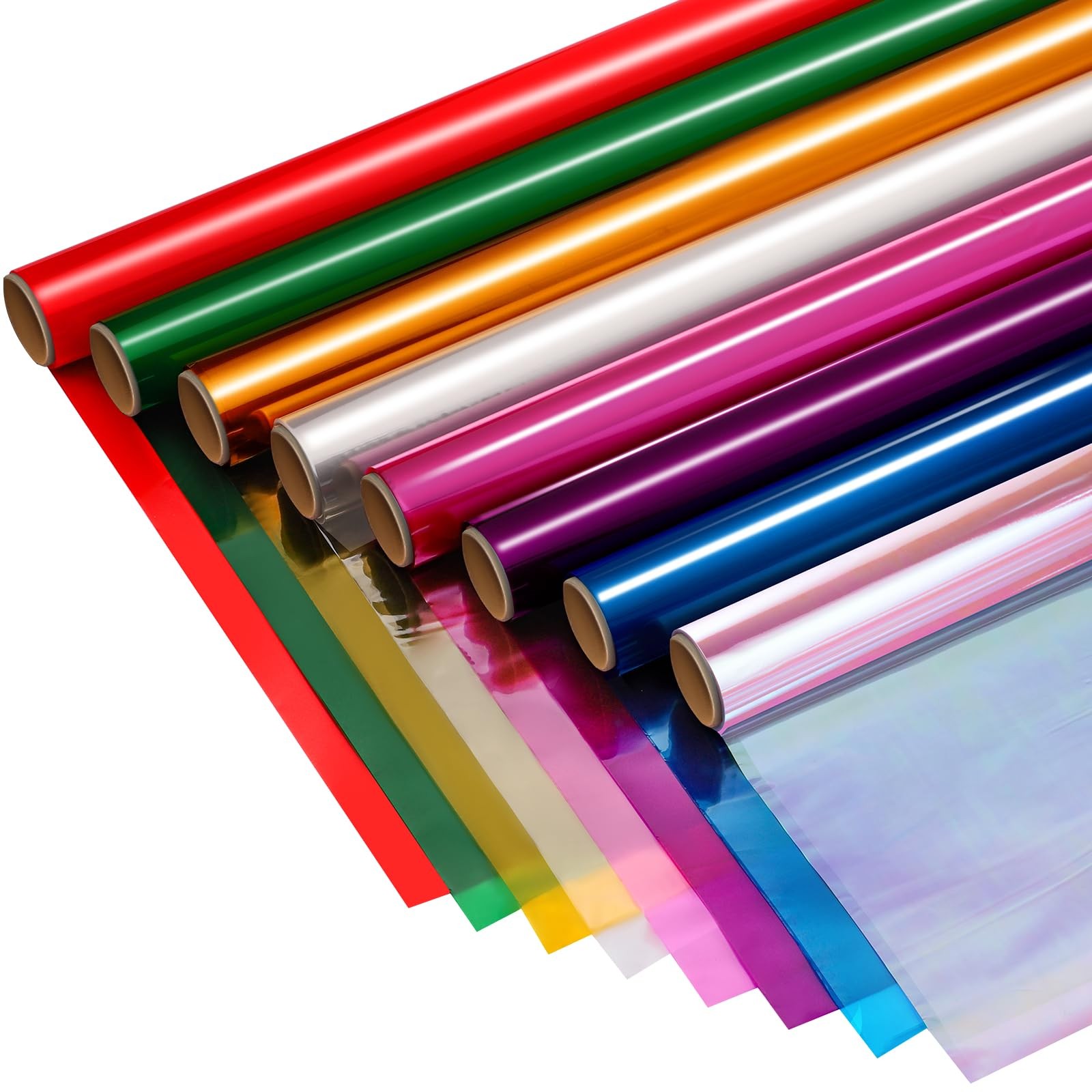 8 Rolls Colored Cellophane Wrap Extra Wide 34In x 10Ft Trans