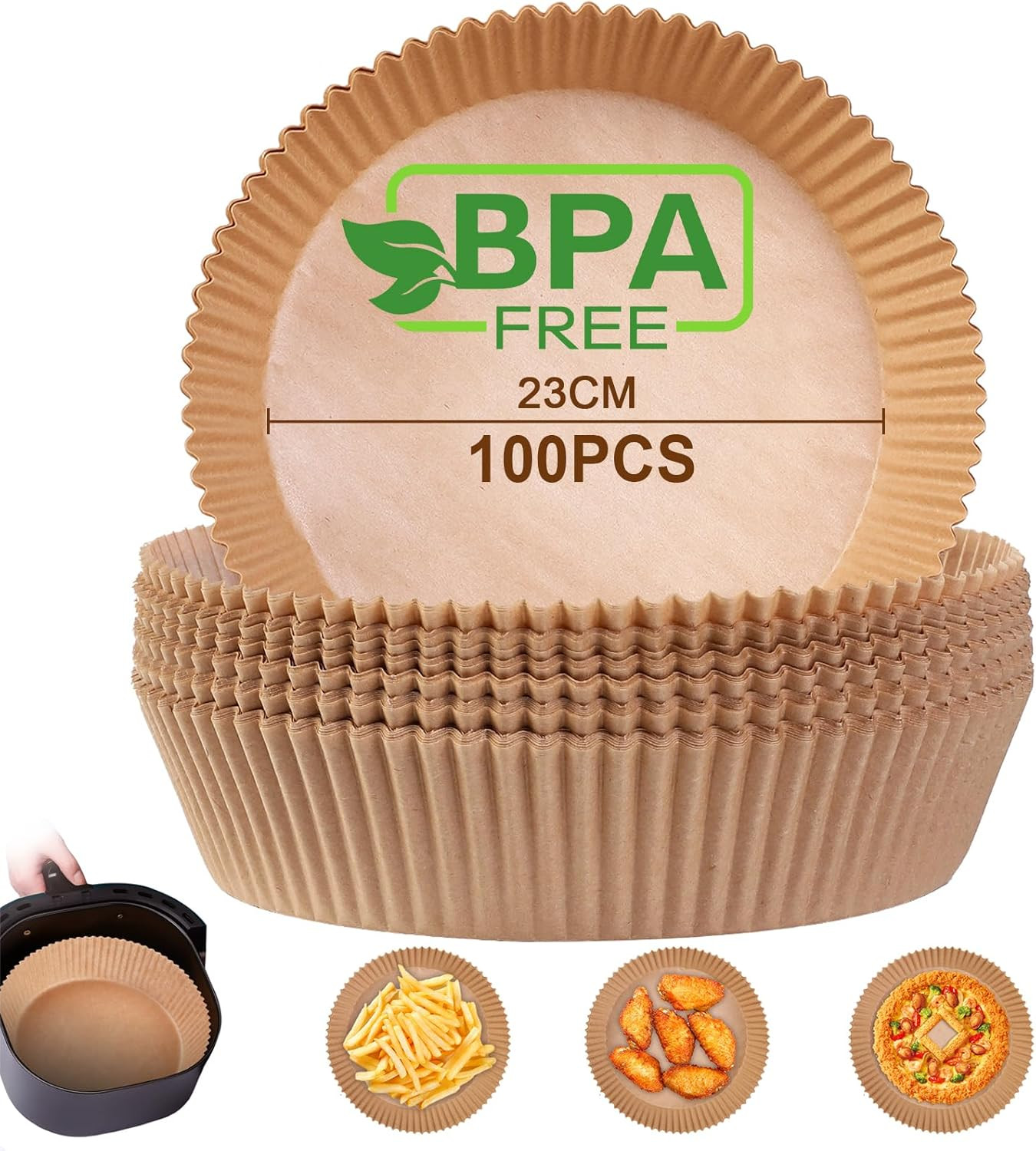 Papier sulfurisé rond pour air fryer de 23cm en lot de 100 pièces pour cuisson saine