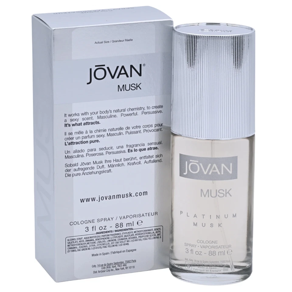 Одеколон для мужчин Jovan Platinum Musk от Jovan туалетная вода 3,0 унции новый в коробке - Изображение 4 из 4