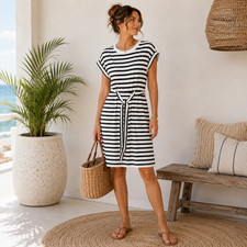 Chaps Short Sleeves Knit Dress Womens Size S Black/White Nautical Casual Coastal