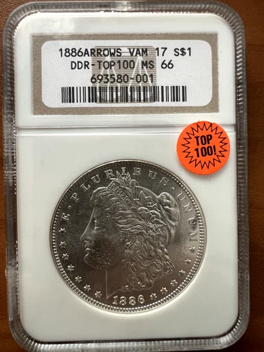 1886 Arrows VAM17  DDR Morgan Silver Dollar. NGC MS66