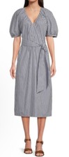 Alex Marie X BRRR Womens Striped Puff Sleeve Midi Belted Dress L Blue/White NWT