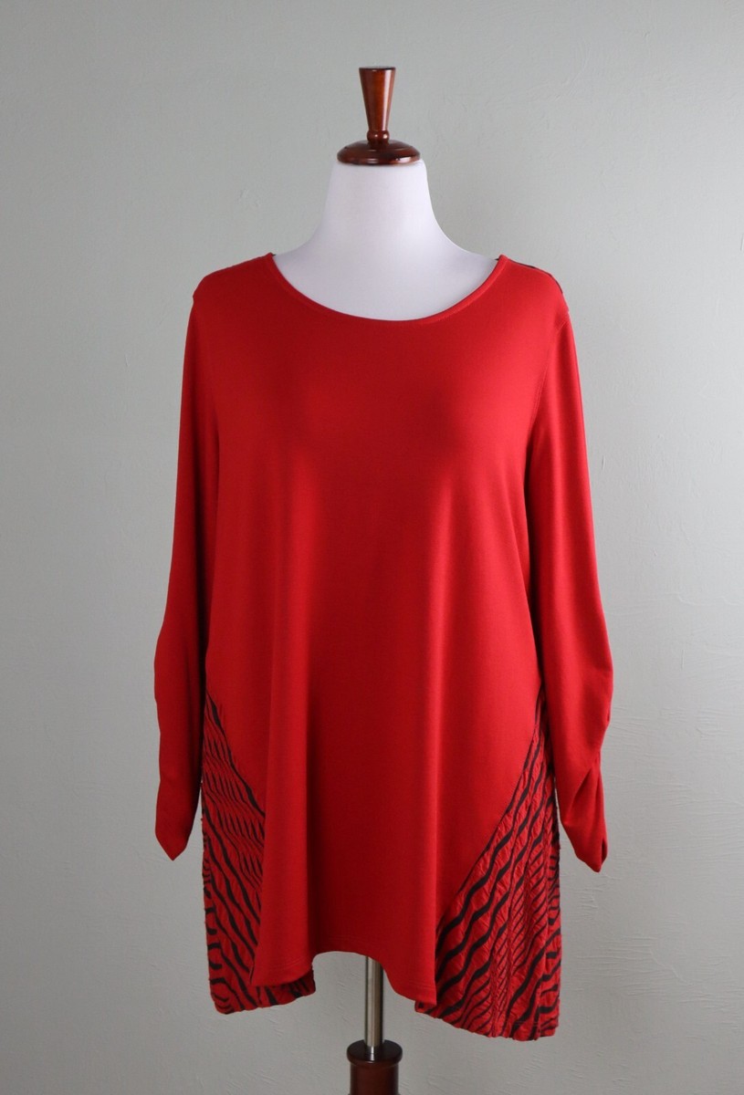 ALI MILES $79 Textured Striped Stretch Shirred Sleeve Tunic Top