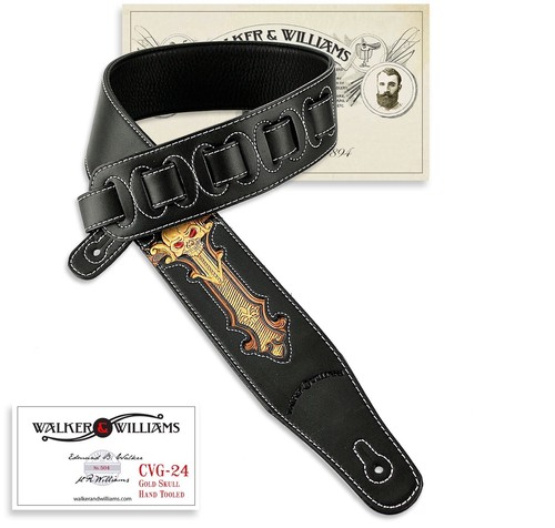 Walker & Williams CVG-24 Cinturino per chitarra imbottito nero e oro teschio tooled a mano  - Foto 1 di 7