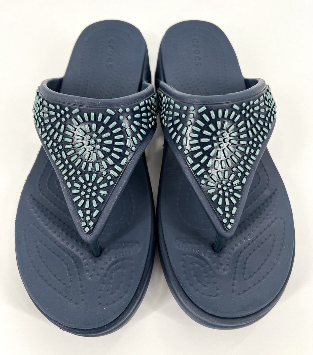 CROCS Women's Monterey Diamante Turquoise Beaded Navy Flip Flops