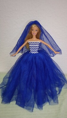 Barbie Kleid Puppen Kleidung Prinzessin Hochzeit Brautkleid Blau + Schleier K39