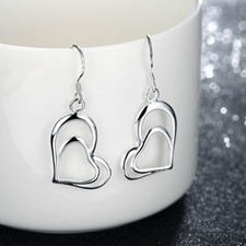 Pretty New Silver Plated Shiny Open Heart in Heart Hook Dangle Drop Earrings
