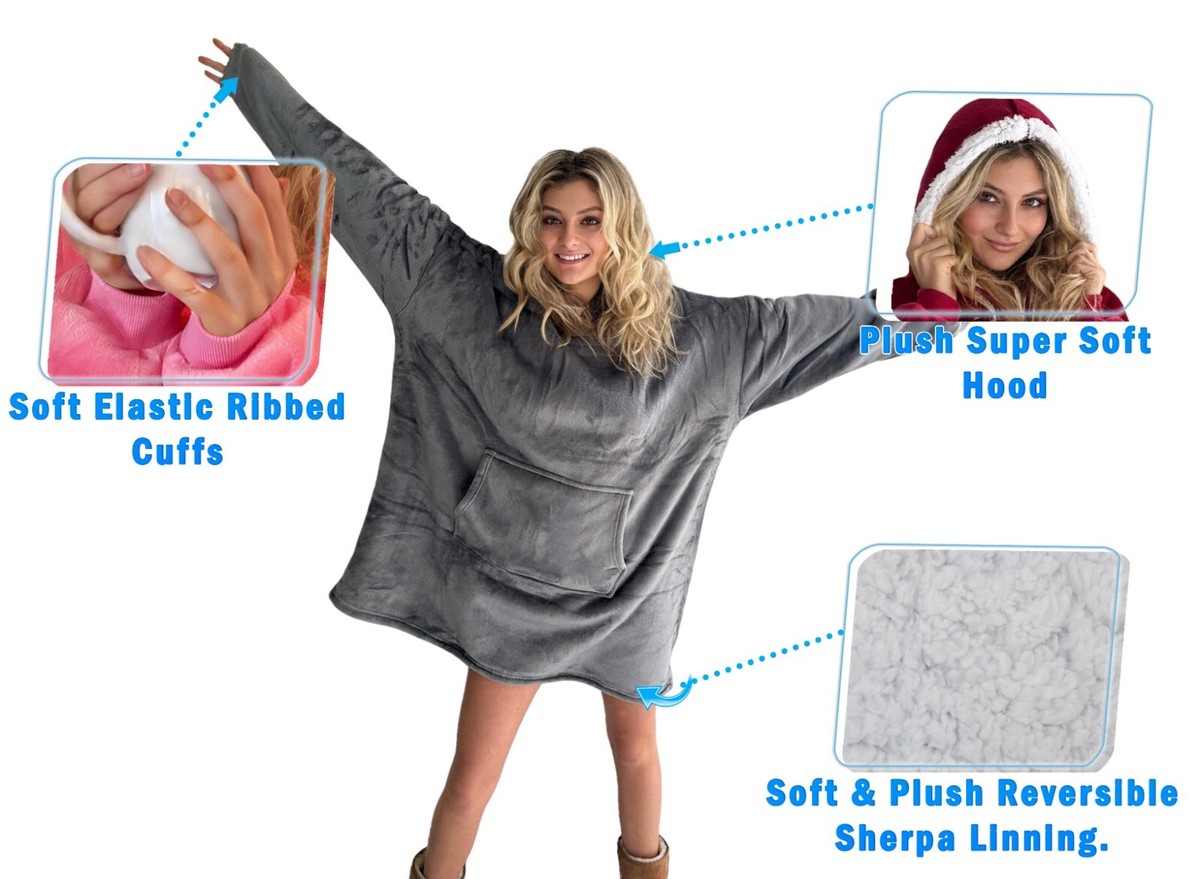 Soft Hoodie Sherpa Fleece Blanket Sweatshirt Large Pocket 