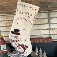 Hobby Lobby Cream Christmas Stocking Snowman Snow Family Rustic Country Folk
