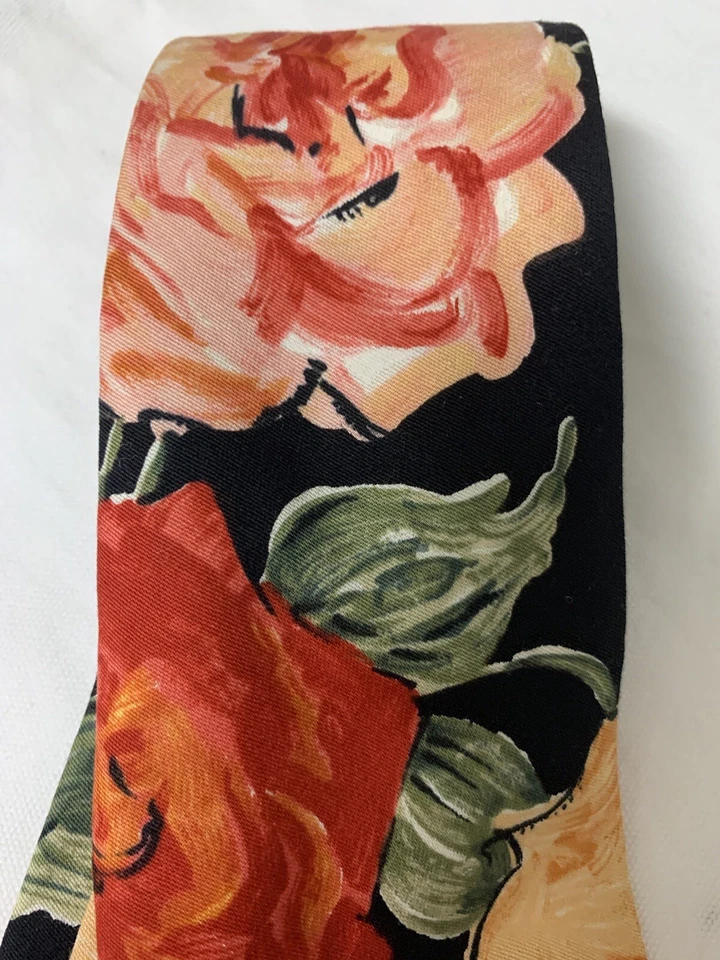 CORBATA VINTAGE NEGRA FLORAL BOSTON TRADER ROSAS HIBISCO? ¡DIVERSIÓN TROPICAL! Foto 4 de 4
