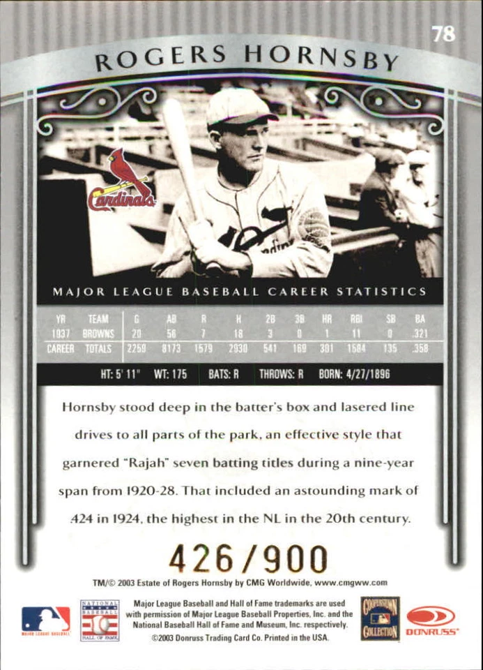 2003 Timeless Treasures #78 Rogers Hornsby/900 - NM-MT - Image 2 of 2