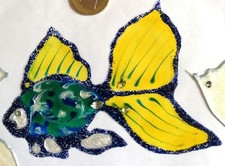 Kolor okna, 1 x ryba, zielono-niebiesko-żółty brokatowy obraz okna, dekoracja łazienki (1.0)