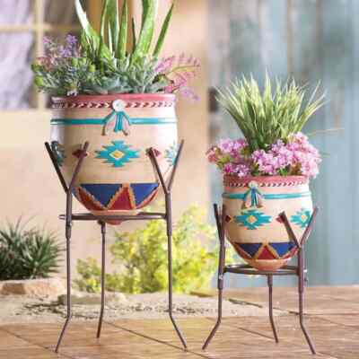 Set of 2 Native Desert Southwest Garden Planters w/ Metal Stands