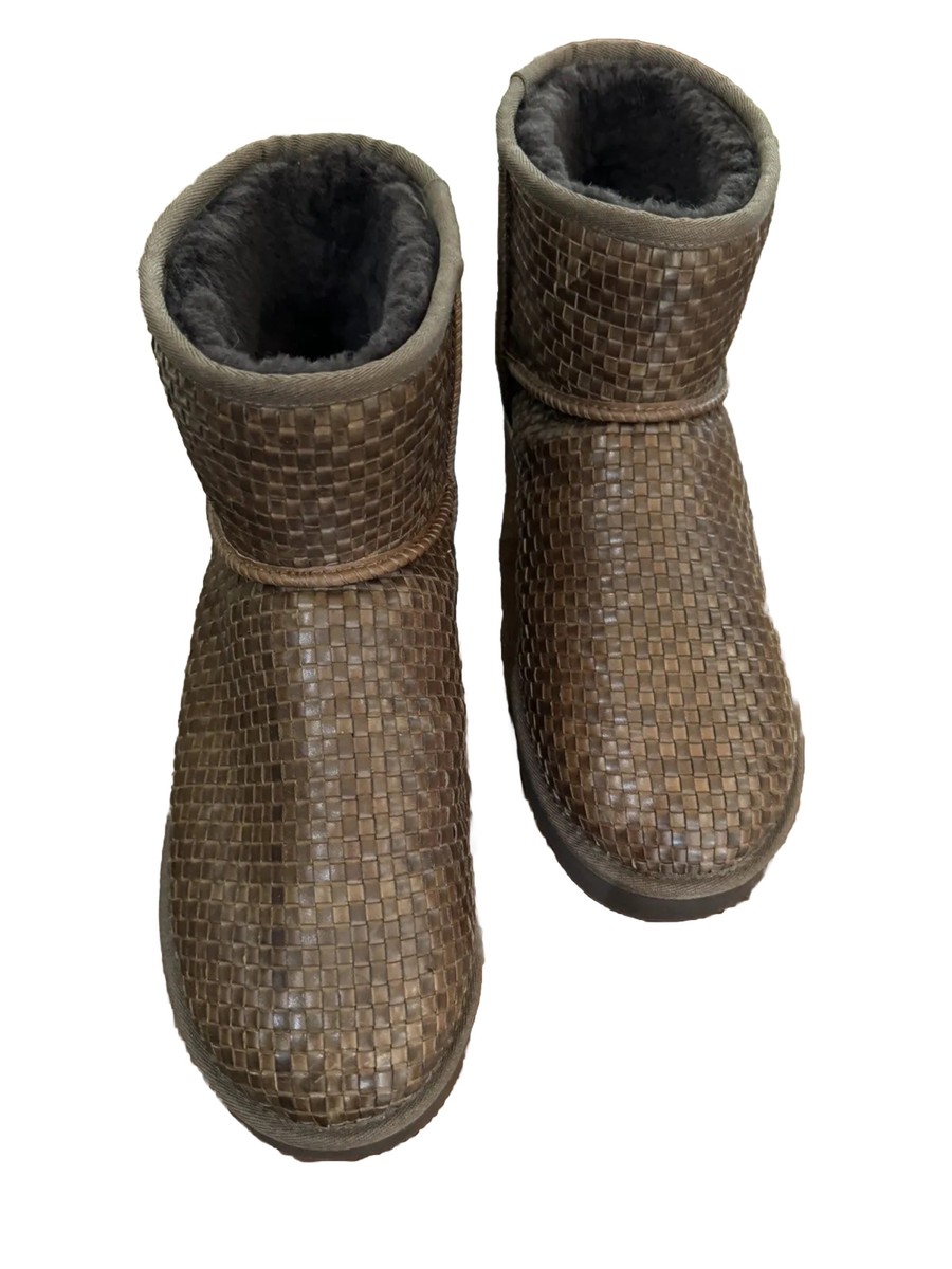 UGG Brown Leather Mens Classic Mini Woven Boots Size 13(fit12) US 46 EU NEW