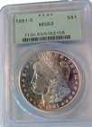 1881-S MORGAN DOLLAR PCGS MS-63, GREEN HOLDER, SHARP WHITE, CLOSE TO PROOFLIKE