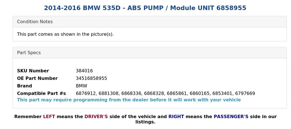 2014-2016 BMW 535D - ABS PUMP / Module UNIT 6858955 — 第 4/4 张图片