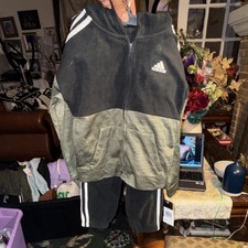 adidas Boys Black Gray Colorblock Hooded Zip Hoodie  Pants 2 Piece Outfit Set