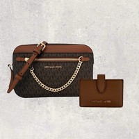 Michael Kors Mk Tasche Crossbody GeldböRse Jet Set Travel Item Braun Leder Neu