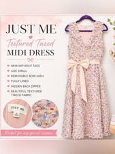 Just Me NWOT Textured Tweed Midi Dress Pink Bow Waist V-Neck Size S