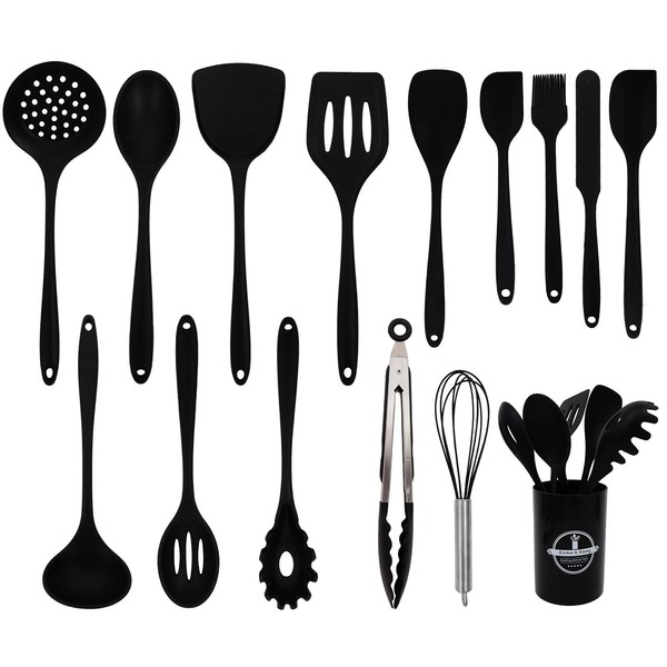 KüChenhelfer Set Silikon HitzebestäNdig Pfannenwender Teigschaber Schwarz 15Tlg-image