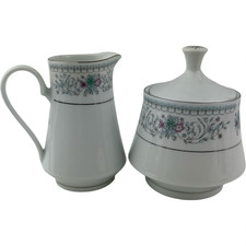Crown Ming Harmony Sugar Bowl and Creamer Set VTG Blue Pink Floral Platinum