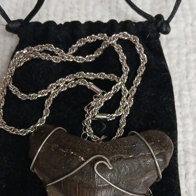 Megladon Handcrafted Wire Wrapped Fossil  Pendant Necklace Brown Silver