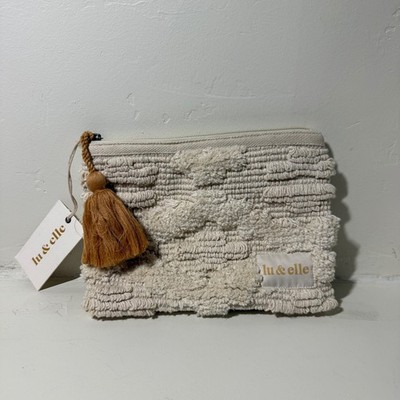 NWT Lu&Elle Tufted Boho Zip Pouch Clutch Cream Tassel Cosmetic Bag