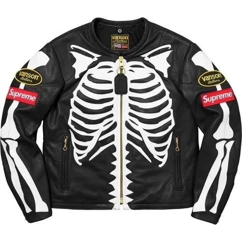 Giacca Uomo Venson x Supreme Nera Ossa Scheletro Biker Vera Pelle di Vacchetta