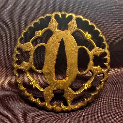 Antique Japanese Iron Sukashi Tsuba Bird and Leaves Design Gilt Finish Edo Perio - Picture 1 of 11