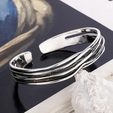 Solid 925 Sterling Silver Unisex Geometric Wave Braided Bangle Cuff Bracelet