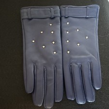 Navy Blue Studded Leather Women's Wrist Gloves, Lined, Solid, Casual