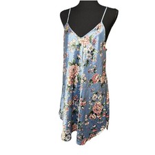 DENTELLE Vtg Blue Floral Satin Slip Dress Nightgown Lingerie Large 90s Y2K