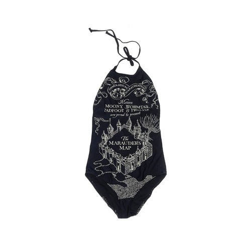 NWT Harry Potter Maurader's Map One Piece Black Halter Swimsuit Bathing Suit Med - Picture 2 of 11