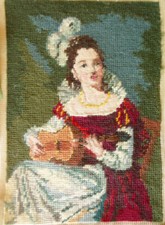 Beautiful Burgandy Dress Lady with Viollion Completed Needlepoint Canvas Tapetry