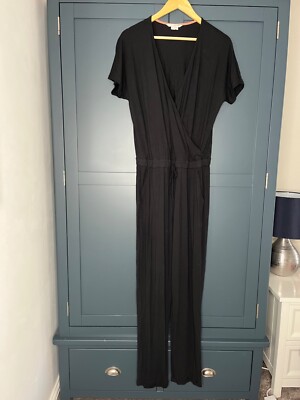 BODEN Jersey Jumpsuit Black Size 12 R Pockets Twist Wrap Tie
