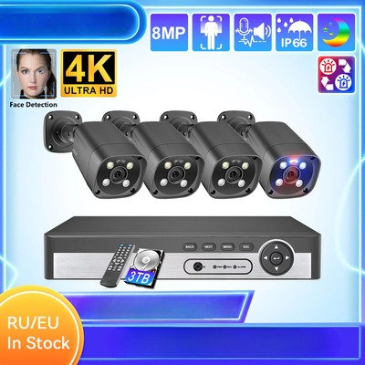 8CH 8M POE Security System Outdoor Face Detect Smart 4K Red-blue Alarm H.265