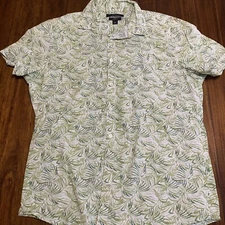 Marc Anthony Button Up Shirt Men Large Palm Patterned Slim Fit Stretch Collared