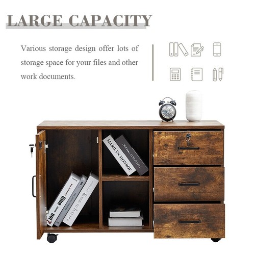 Brown Wood Filing Cabinet Office Cabinet Orgnizer File Storage Shelf with Lock - Picture 15 of 15