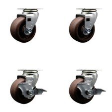 4 Inch High Temp Glass Filled Nylon Swivel Caster Set w/Roller Bearings 2 Brakes