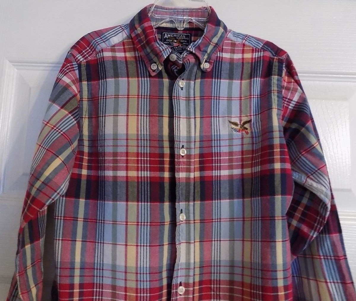 Boy's American Living Plaid Dress Shirt Size 7 Long Sleeve Boys Bald Eagle Flag Boy's American Living Plaid Dress Shirt Size 7 Long Sleeve Boys Bald Eagle Flag