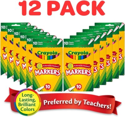 (12 PACK) Crayola Markers - 10 Classic Colors In Each Pack  - Fine Line Tip