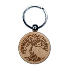 Abstract Tree of Life Engraved Wood Round Keychain Tag Charm