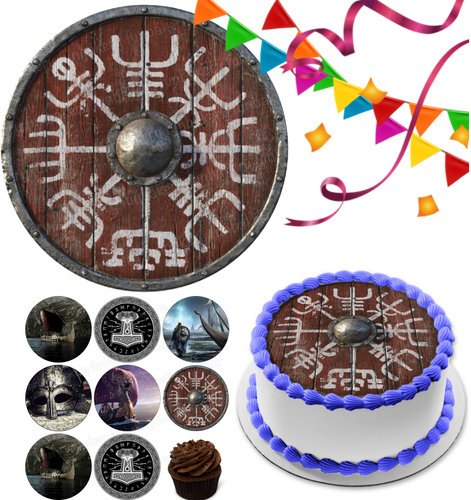 Viking Shield Celtic Cake Topper Party Decoration Edible Birthday Cupcake Runes - Afbeelding 1 van 14