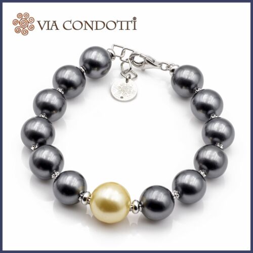 Bracciale di perle nere grigie e dorata in Argento 925 regolabile in pietre dure - Foto 1 di 7