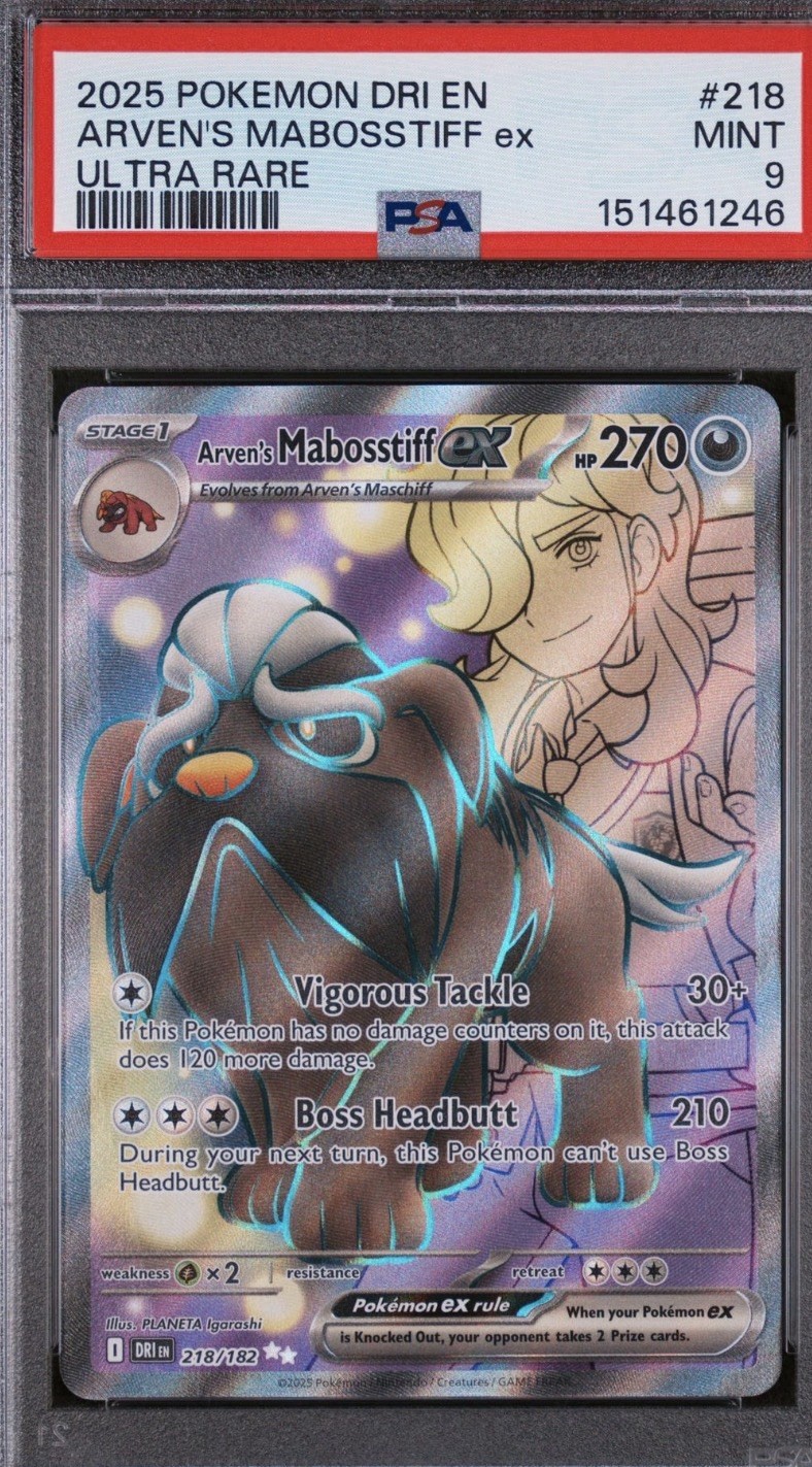 2025 Pokemon Dri EN-Destined Rivals Arven's Mabosstiff EX #218 Ultra Rare PSA 9