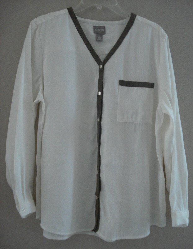 Chico’s Size 2 (Large) Faux Suede-Trimmed Silky Chic Blouse Ivory w/ Brown Trim
