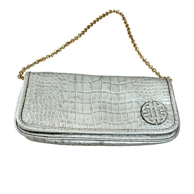 Antonio Melani Silver Handbag Leather Croc Embossed Metallic Maximalist